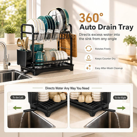 ComfyHome dish drying rack with 360 degree rotatable auto drain tray that directs water into the sink from left or right side