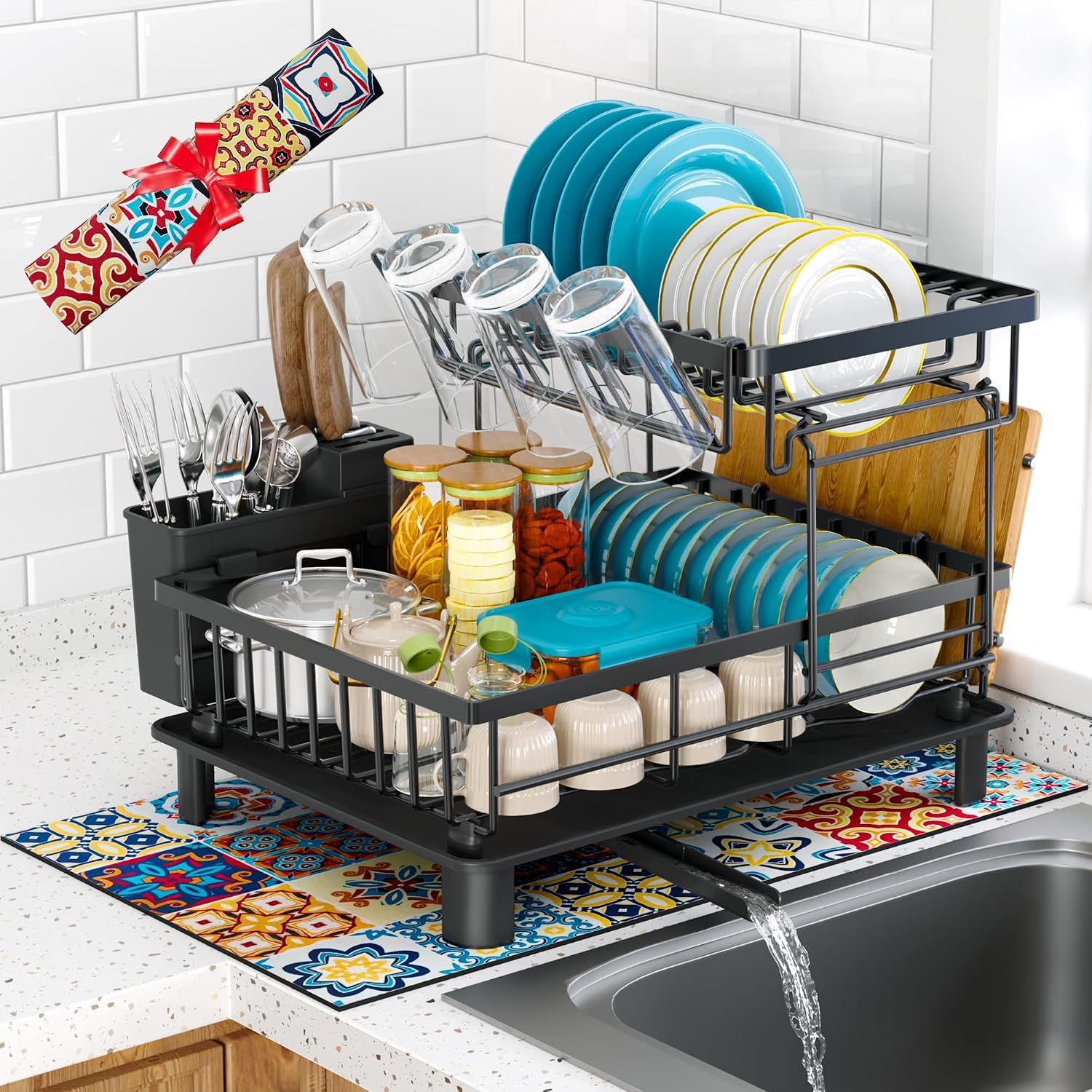 ComfyHome black 2-tier detachable dish drying rack with drainboard, utensil holder, cup rack and cutting board holder on a kitchen counter