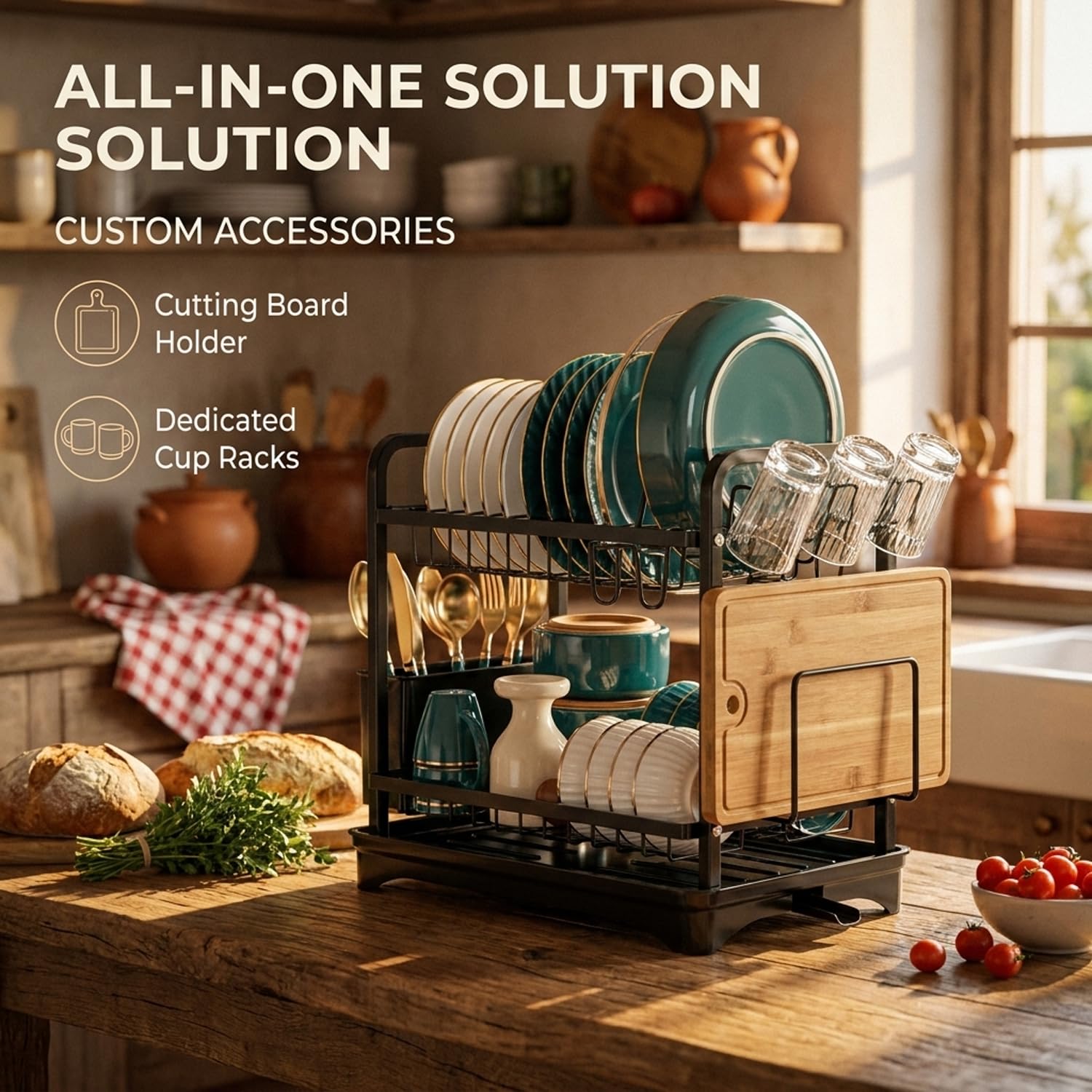 ComfyHome 2-tier dish drying rack with cup holders, cutting board holder, and utensil storage for kitchen counter organization