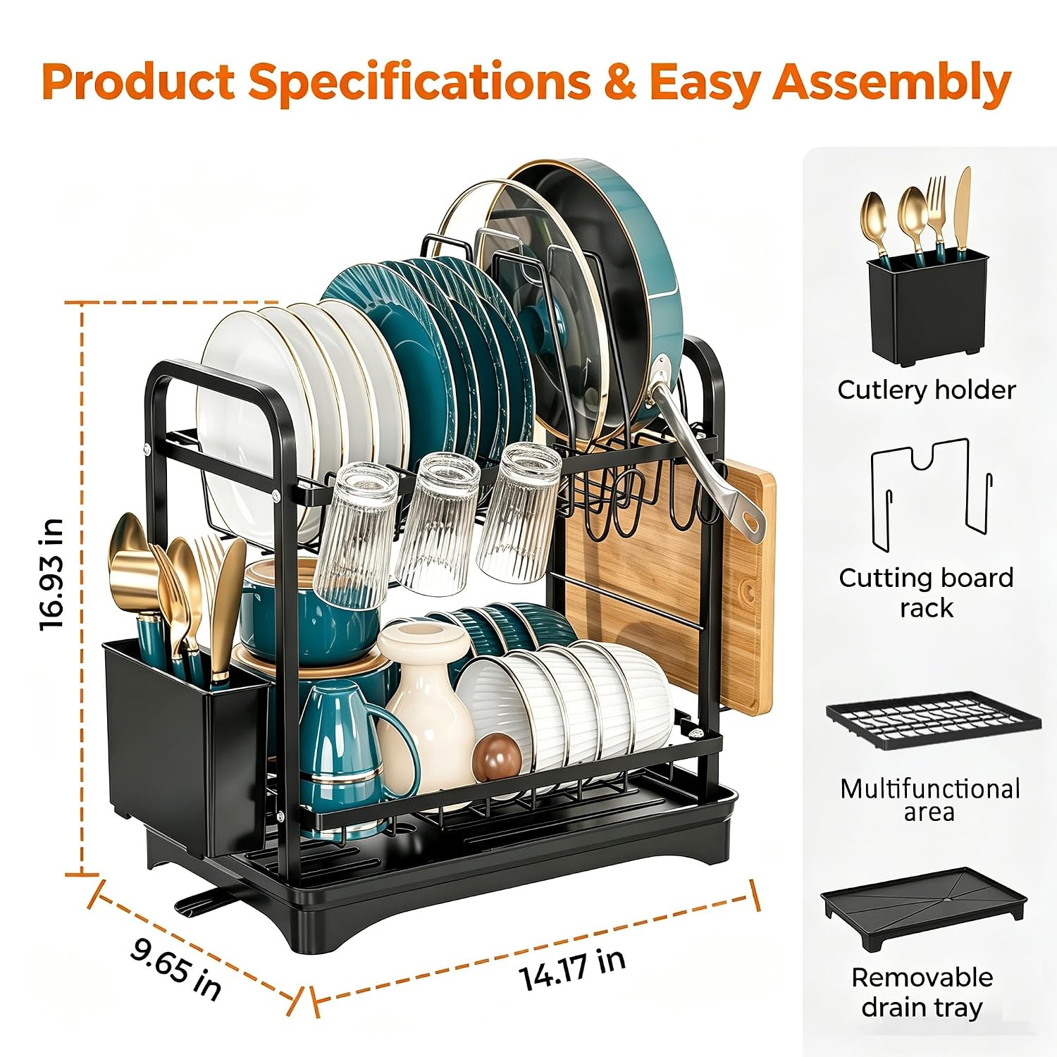 ComfyHome 2-tier dish drying rack dimensions 14.17 x 9.65 x 16.93 inches with cutlery holder, cutting board rack, drain tray, and multifunctional storage area