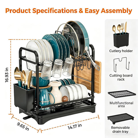 ComfyHome 2-tier dish drying rack dimensions 14.17 x 9.65 x 16.93 inches with cutlery holder, cutting board rack, drain tray, and multifunctional storage area