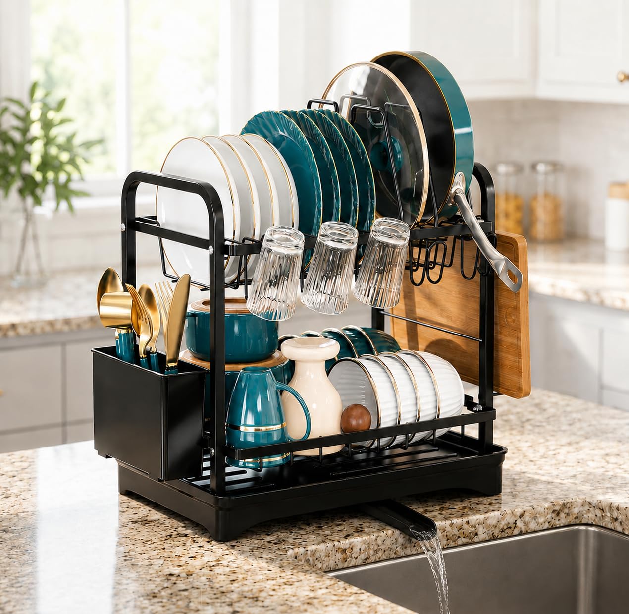 ComfyHome black 2-tier dish drying rack with utensil holder, cup rack, cutting board holder, and drain tray on kitchen countertop