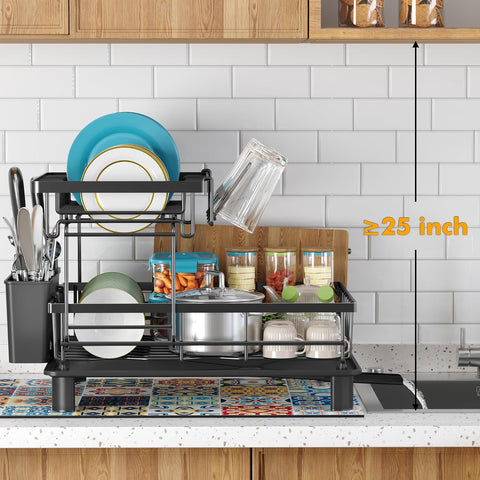 ComfyHome 2-tier dish drying rack installation guide showing at least 25 inches of clearance below an overhead cabinet