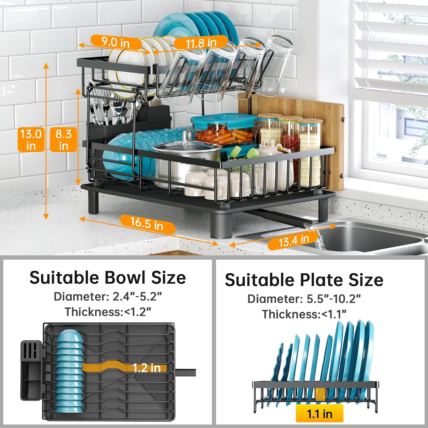 ComfyHome 2-tier dish drying rack dimensions 41.9 x 34 x 33 cm with compatible bowl and round plate size guide