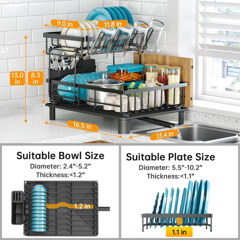 ComfyHome 2-tier dish drying rack dimensions 41.9 x 34 x 33 cm with compatible bowl and round plate size guide
