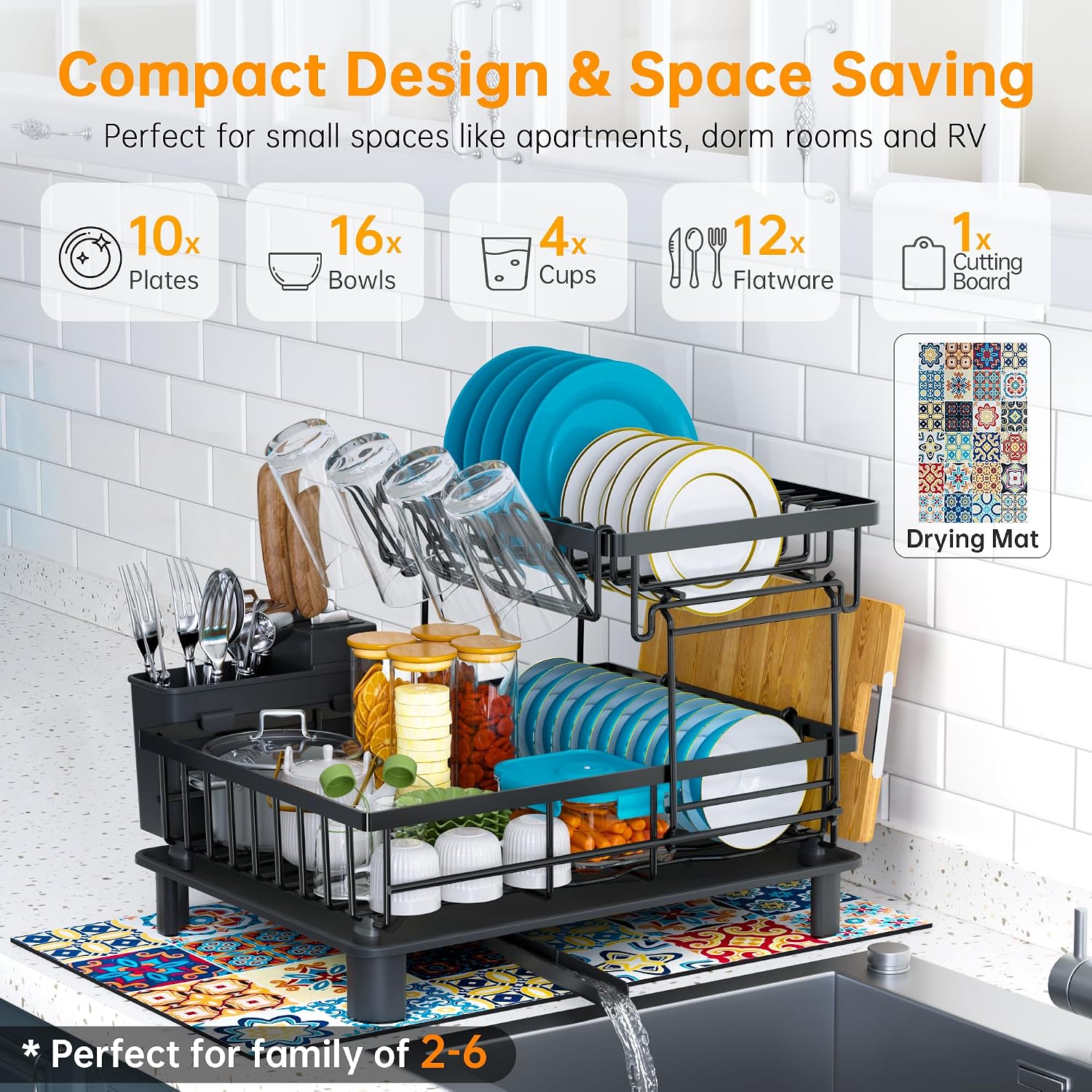 ComfyHome 2-tier dish drying rack capacity infographic showing storage for plates, bowls, cups, cutlery and a cutting board