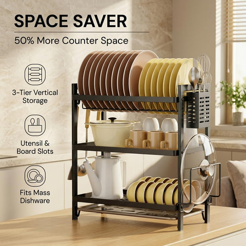 COMFYHOME 3-Tier Wrought Iron Dish Drying Rack with Drainboard, Utensil Holders & Rustproof Kitchen Counter Organizer for Plates, Bowls, Cups and Bartan