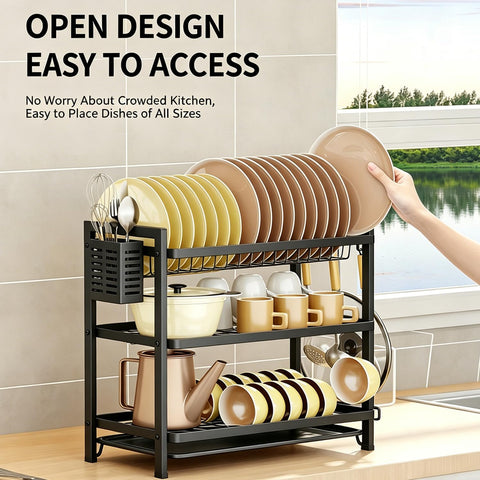 COMFYHOME 3-Tier Wrought Iron Dish Drying Rack with Drainboard, Utensil Holders & Rustproof Kitchen Counter Organizer for Plates, Bowls, Cups and Bartan