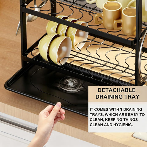 COMFYHOME 3-Tier Wrought Iron Dish Drying Rack with Drainboard, Utensil Holders & Rustproof Kitchen Counter Organizer for Plates, Bowls, Cups and Bartan