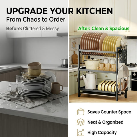 COMFYHOME 3-Tier Wrought Iron Dish Drying Rack with Drainboard, Utensil Holders & Rustproof Kitchen Counter Organizer for Plates, Bowls, Cups and Bartan