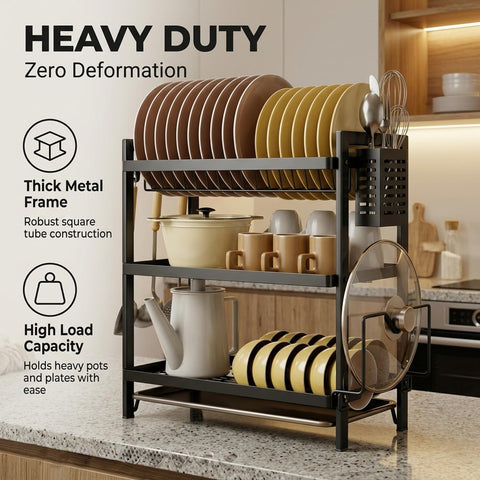 COMFYHOME 3-Tier Wrought Iron Dish Drying Rack with Drainboard, Utensil Holders & Rustproof Kitchen Counter Organizer for Plates, Bowls, Cups and Bartan