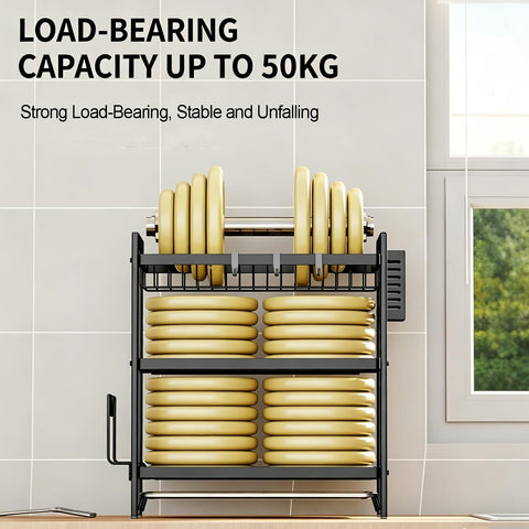 COMFYHOME 3-Tier Wrought Iron Dish Drying Rack with Drainboard, Utensil Holders & Rustproof Kitchen Counter Organizer for Plates, Bowls, Cups and Bartan