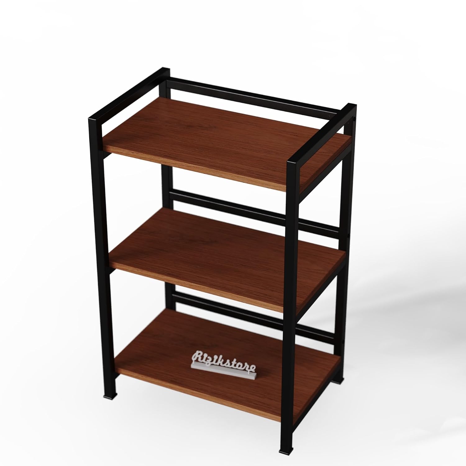 Three-tier natural brown wood-grain and black frame microwave rack with a brand-like prop of uncertain spelling on the bottom shelf