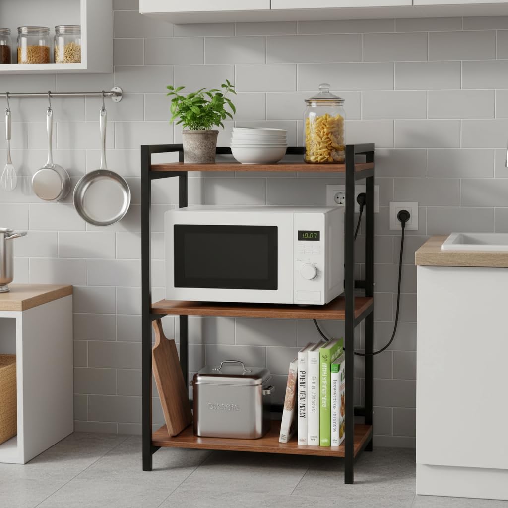 ComfyHome 3-tier microwave oven stand with natural brown wood-grain shelves and black frame in a modern kitchen