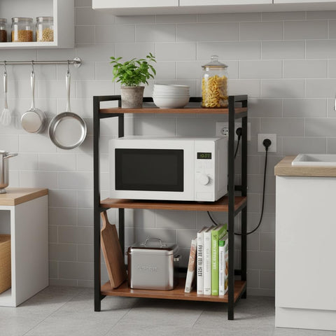 ComfyHome 3-tier microwave oven stand with natural brown wood-grain shelves and black frame in a modern kitchen