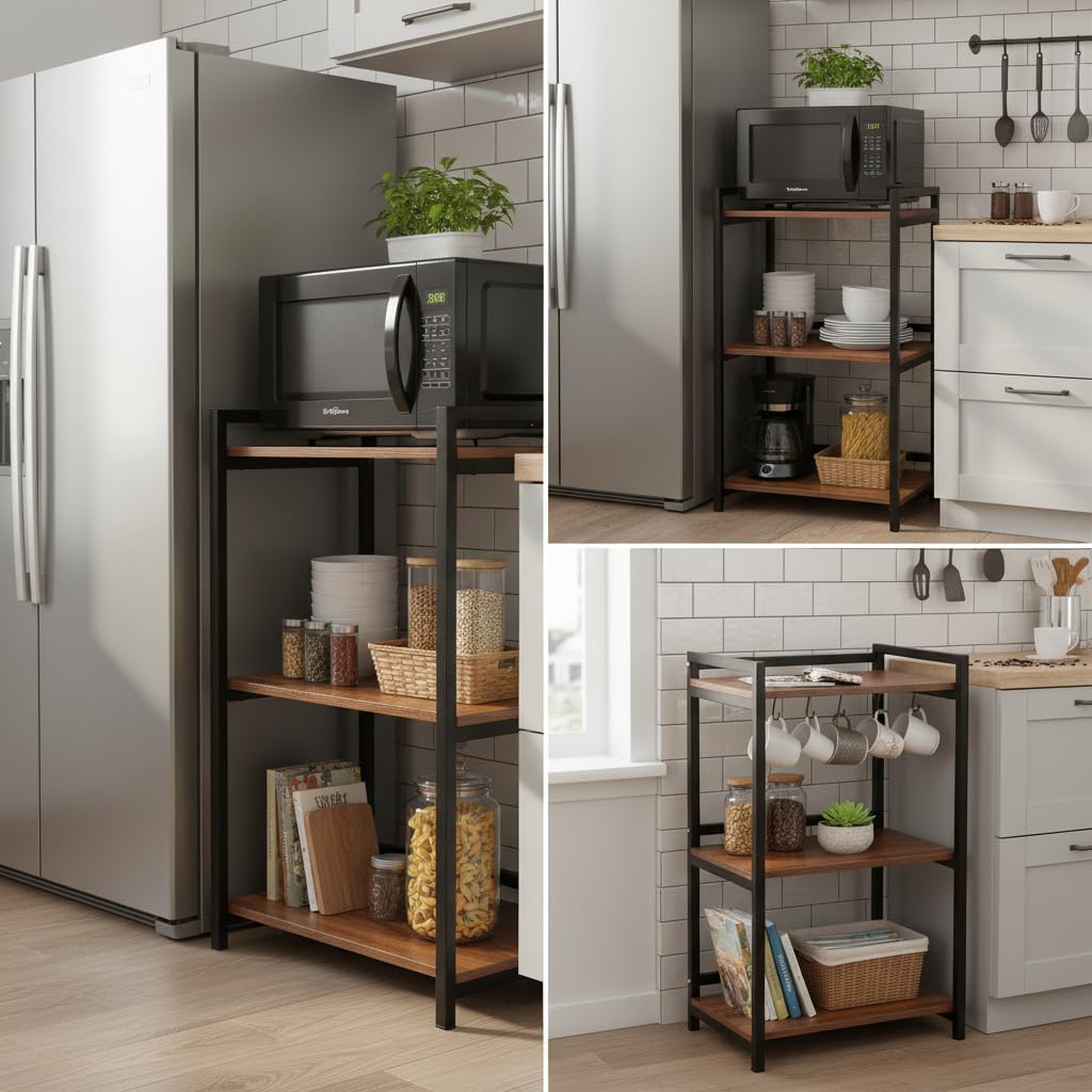 ComfyHome 3-tier microwave stand shown in multiple kitchen storage arrangements for appliances, dishes and pantry items