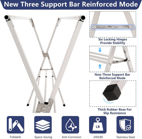 ComfyHome Foldable Cloth Drying Stand, Stainless Steel Laundry Rack – Adjustable Length, 20 Windproof Hooks, Indoor Outdoor Clothes Drying Rack for Balcony & Monsoon