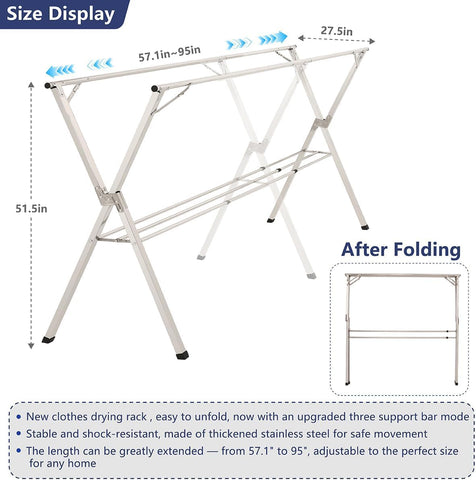ComfyHome Foldable Cloth Drying Stand, Stainless Steel Laundry Rack – Adjustable Length, 20 Windproof Hooks, Indoor Outdoor Clothes Drying Rack for Balcony & Monsoon