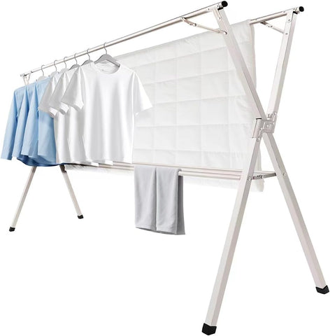 ComfyHome Foldable Cloth Drying Stand, Stainless Steel Laundry Rack – Adjustable Length, 20 Windproof Hooks, Indoor Outdoor Clothes Drying Rack for Balcony & Monsoon