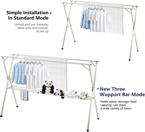 ComfyHome Foldable Cloth Drying Stand, Stainless Steel Laundry Rack – Adjustable Length, 20 Windproof Hooks, Indoor Outdoor Clothes Drying Rack for Balcony & Monsoon