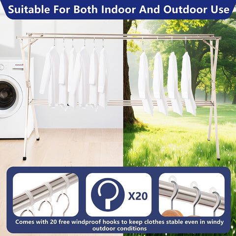 ComfyHome Foldable Cloth Drying Stand, Stainless Steel Laundry Rack – Adjustable Length, 20 Windproof Hooks, Indoor Outdoor Clothes Drying Rack for Balcony & Monsoon