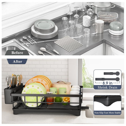 Before and after kitchen counter organization with a dish rack, extendable drain spout and non-slip feet