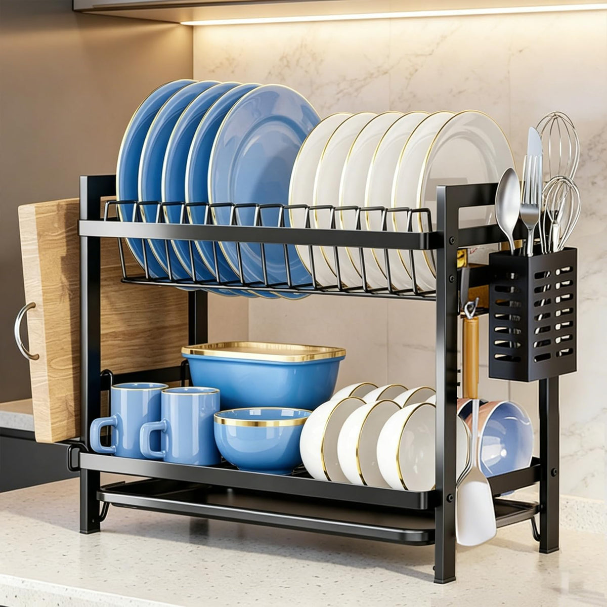 ComfyHome 2-Tier Dish Drying Rack with Drainboard & Utensil Holders – Rustproof Stainless Steel Bartan Stand for Kitchen, Space Saving Counter Organizer
