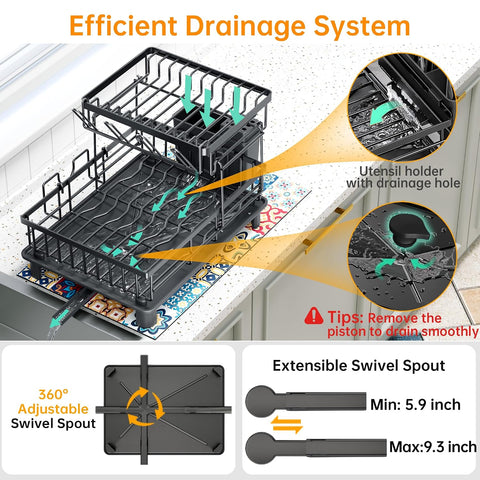 ComfyHome dish drying rack drainage system with 360-degree swivel spout, extendable from 5.9 to 9.3 inches