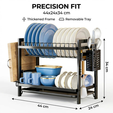 ComfyHome 2-Tier Dish Drying Rack with Drainboard & Utensil Holders – Rustproof Stainless Steel Bartan Stand for Kitchen, Space Saving Counter Organizer