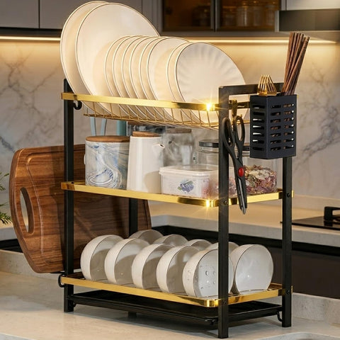 ComfyHome 2-Tier Dish Drying Rack with Drainboard & Utensil Holders – Rustproof Stainless Steel Bartan Stand for Kitchen, Space Saving Counter Organizer