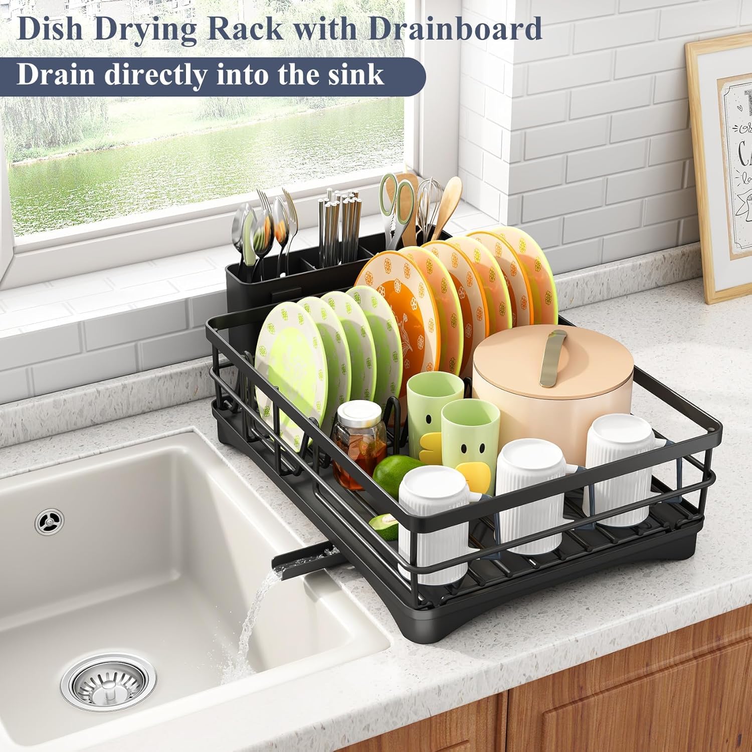 ComfyHome dish drying rack with drainboard and side outlet directing collected water into an adjacent kitchen sink