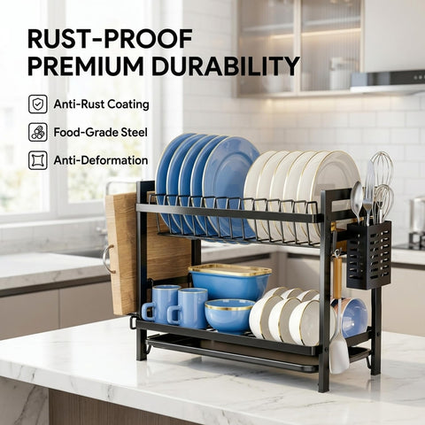 ComfyHome 2-Tier Dish Drying Rack with Drainboard & Utensil Holders – Rustproof Stainless Steel Bartan Stand for Kitchen, Space Saving Counter Organizer