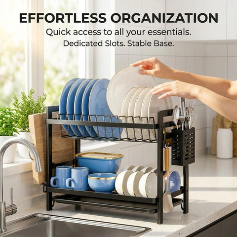 ComfyHome 2-Tier Dish Drying Rack with Drainboard & Utensil Holders – Rustproof Stainless Steel Bartan Stand for Kitchen, Space Saving Counter Organizer