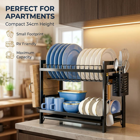 ComfyHome 2-Tier Dish Drying Rack with Drainboard & Utensil Holders – Rustproof Stainless Steel Bartan Stand for Kitchen, Space Saving Counter Organizer