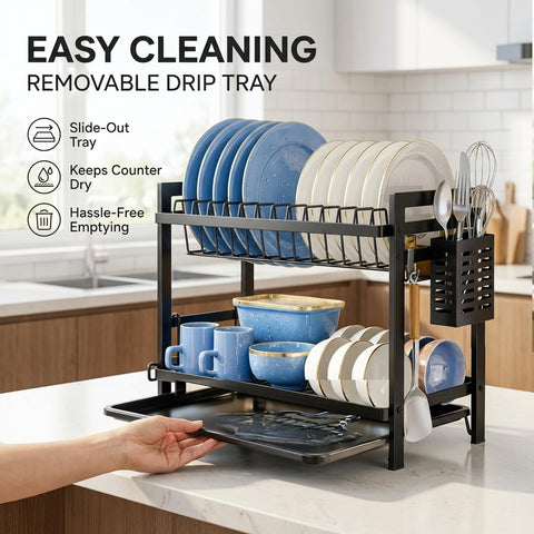 ComfyHome 2-Tier Dish Drying Rack with Drainboard & Utensil Holders – Rustproof Stainless Steel Bartan Stand for Kitchen, Space Saving Counter Organizer