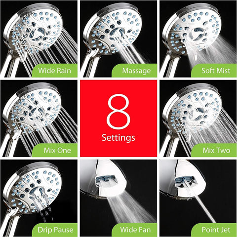 ComfyHome High Pressure Hand Shower with 8 Spray Modes, Self-Cleaning Anti-Clog Nozzle & 1.5M Flexible Hose Pipe – Includes 50 Pcs Drain Cover