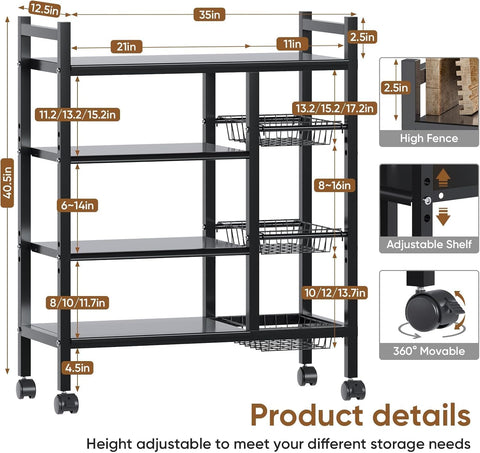 ComfyHome 4-Tier Kitchen Trolley with Wheels & 3 Wire Baskets – Adjustable Microwave Stand, Metal Storage Rack for Pantry, Heavy Duty Kitchen Cart