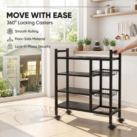 ComfyHome 4-Tier Kitchen Trolley with Wheels & 3 Wire Baskets – Adjustable Microwave Stand, Metal Storage Rack for Pantry, Heavy Duty Kitchen Cart