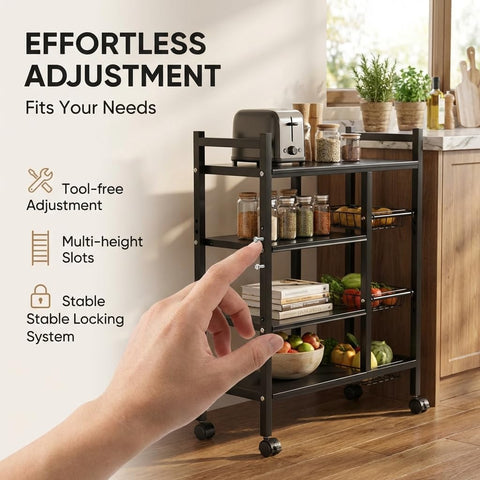 ComfyHome 4-Tier Kitchen Trolley with Wheels & 3 Wire Baskets – Adjustable Microwave Stand, Metal Storage Rack for Pantry, Heavy Duty Kitchen Cart