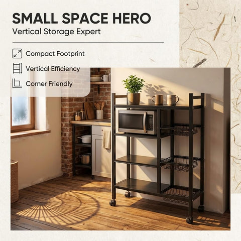 ComfyHome 4-Tier Kitchen Trolley with Wheels & 3 Wire Baskets – Adjustable Microwave Stand, Metal Storage Rack for Pantry, Heavy Duty Kitchen Cart