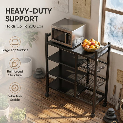 ComfyHome 4-Tier Kitchen Trolley with Wheels & 3 Wire Baskets – Adjustable Microwave Stand, Metal Storage Rack for Pantry, Heavy Duty Kitchen Cart
