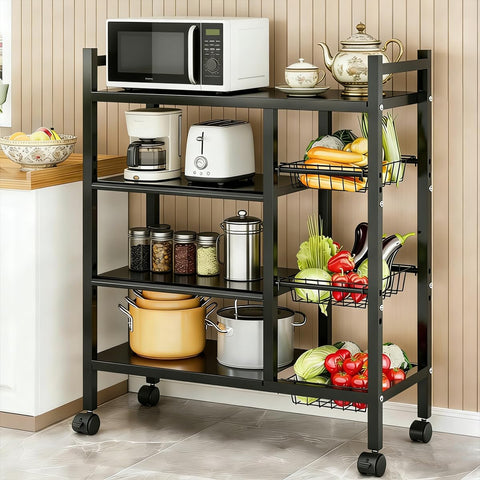 ComfyHome 4-Tier Kitchen Trolley with Wheels & 3 Wire Baskets – Adjustable Microwave Stand, Metal Storage Rack for Pantry, Heavy Duty Kitchen Cart