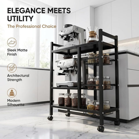 ComfyHome 4-Tier Kitchen Trolley with Wheels & 3 Wire Baskets – Adjustable Microwave Stand, Metal Storage Rack for Pantry, Heavy Duty Kitchen Cart