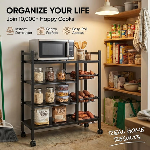 ComfyHome 4-Tier Kitchen Trolley with Wheels & 3 Wire Baskets – Adjustable Microwave Stand, Metal Storage Rack for Pantry, Heavy Duty Kitchen Cart