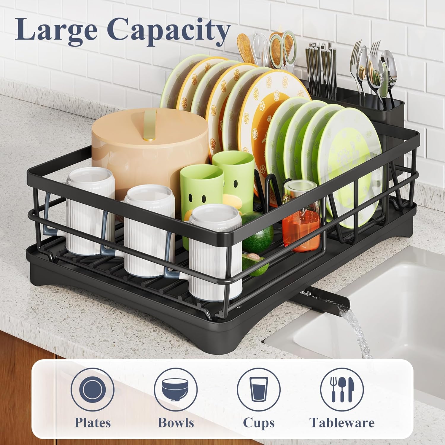 ComfyHome large-capacity dish rack infographic showing storage areas for plates, bowls, cups and tableware