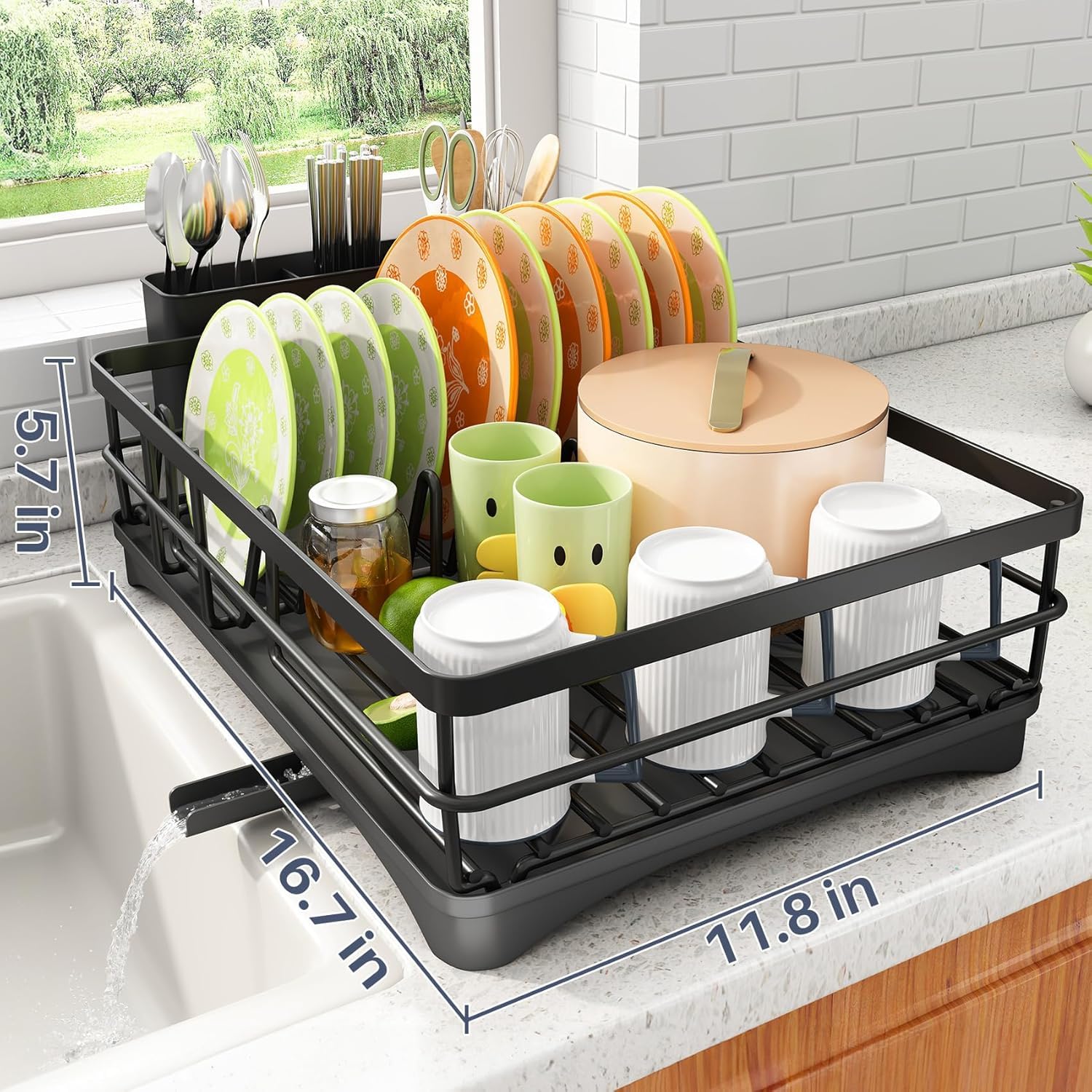 ComfyHome large dish drying rack dimension guide shown with plates, cups, utensils and cookware on a kitchen counter