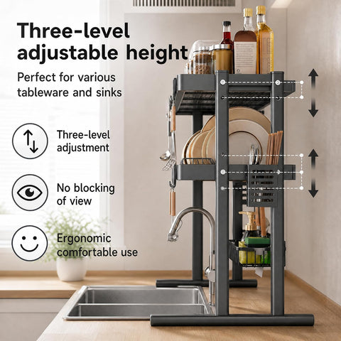 ComfyHome 2-Tier Over Sink Dish Drying Rack, 80cm Stainless Steel Kitchen Sink Dish Drainer for Plates, Bowls & Utensils, Rust-Resistant