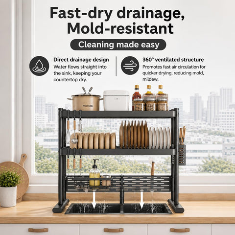 ComfyHome 2-Tier Over Sink Dish Drying Rack, 80cm Stainless Steel Kitchen Sink Dish Drainer for Plates, Bowls & Utensils, Rust-Resistant