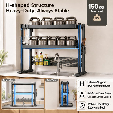 ComfyHome 2-Tier Over Sink Dish Drying Rack, 80cm Stainless Steel Kitchen Sink Dish Drainer for Plates, Bowls & Utensils, Rust-Resistant