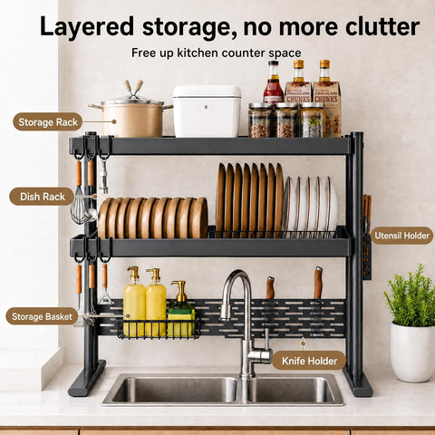 ComfyHome 2-Tier Over Sink Dish Drying Rack, 80cm Stainless Steel Kitchen Sink Dish Drainer for Plates, Bowls & Utensils, Rust-Resistant